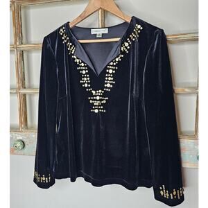 NWOT Coldwater Creek Black Velour V-Neckline Bell Sleeves Gold accents size 12